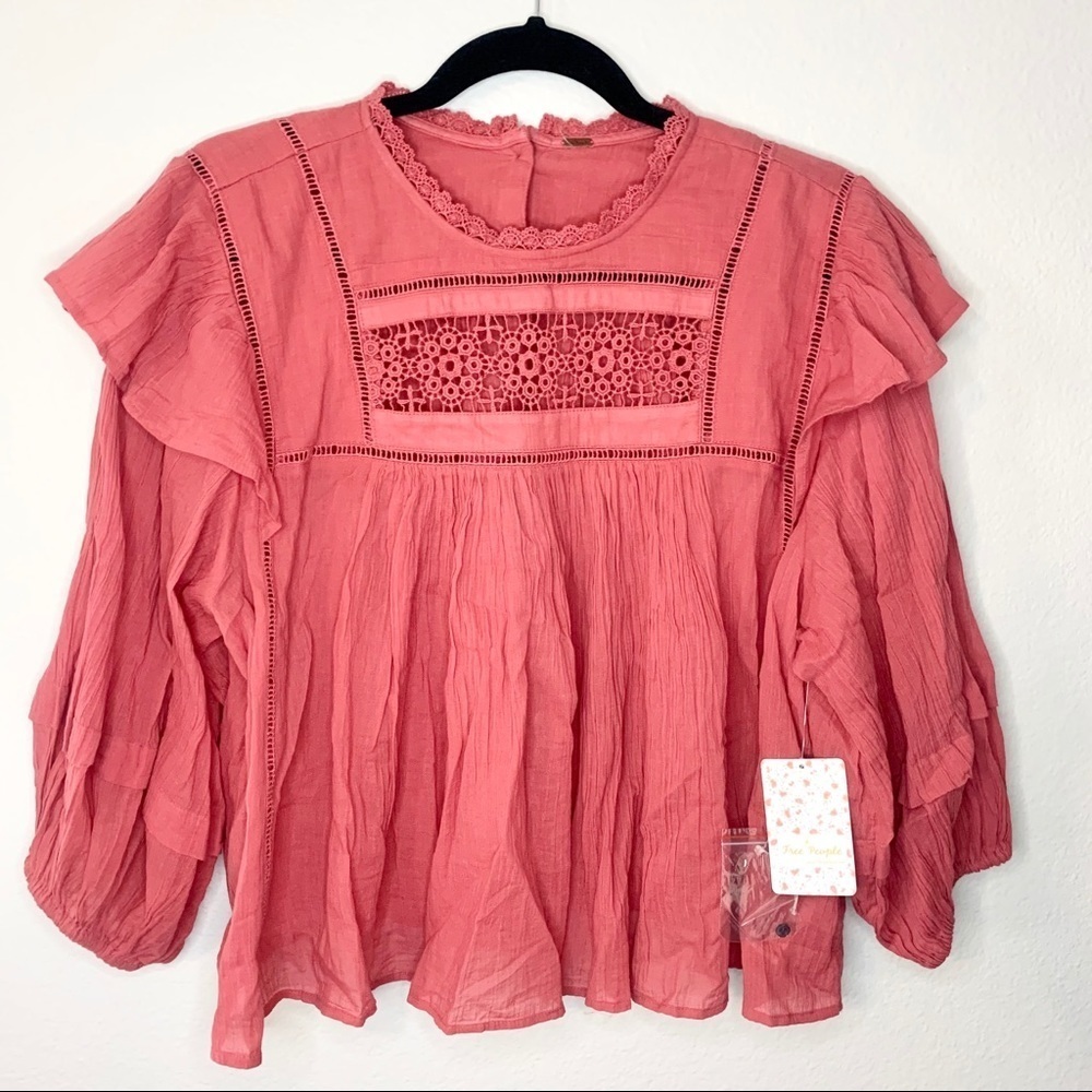 Free people crochet eyelet flor e Mayo blouse sz S - Picture 2 of 11